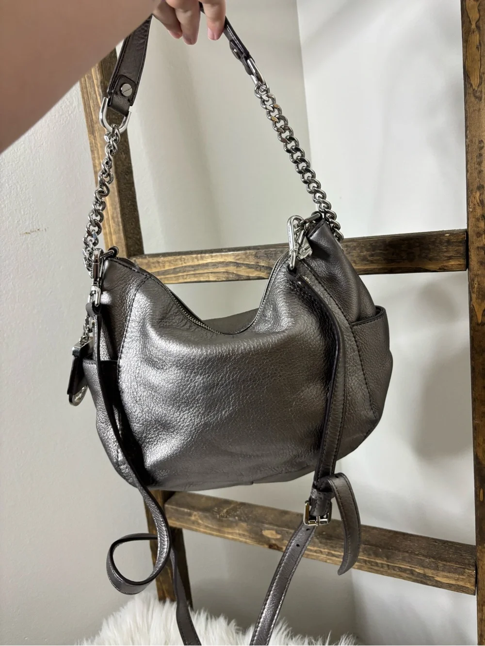 Michael Kors Metallic Pewter Pebbled Leather Hobo with Chain Strap